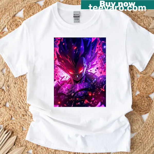 Dynamic illustration of Super Saiyan Blue transformation on t-shirt