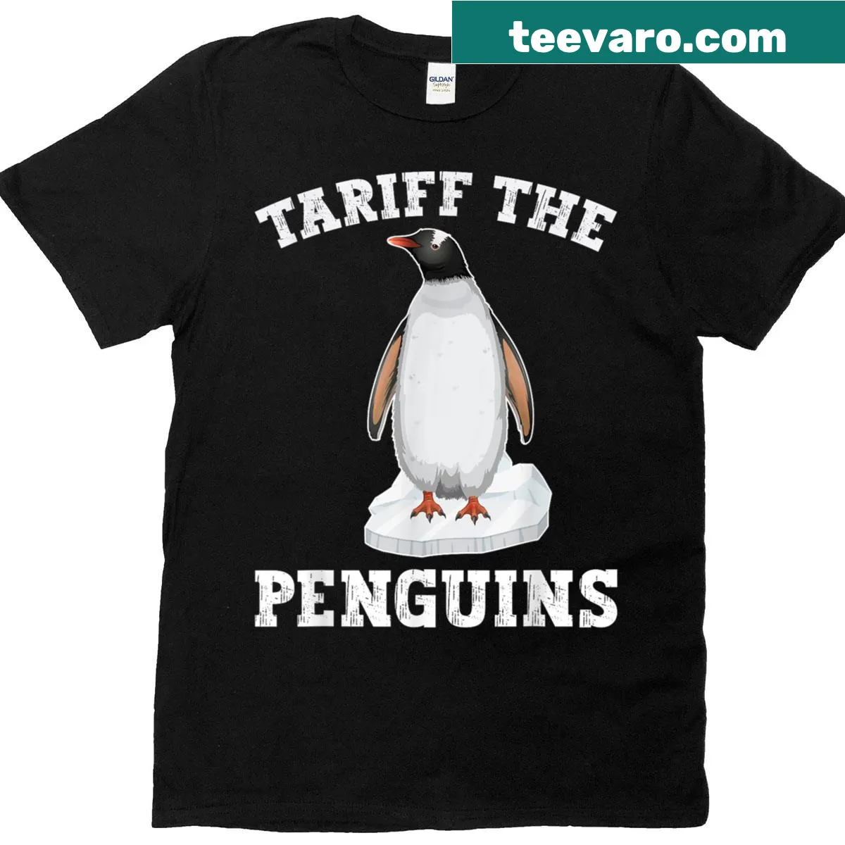 T-shirt with the sarcastic phrase 'Tariff The Penguins' in bold typography. — on a men's t-shirt