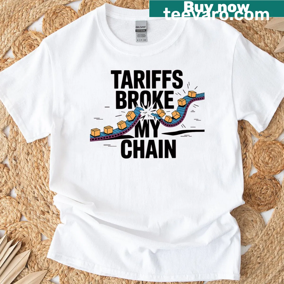 Funny T-shirt with the phrase 'Tariffs Broke My Chain' — on a men's t-shirt