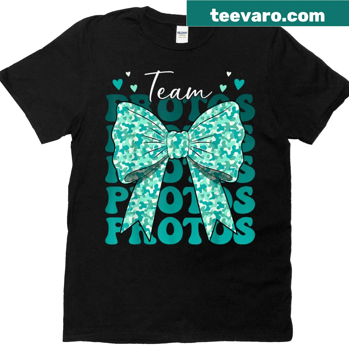 T-shirt with Team Protos slogan and coquette bow graphic. — on a men's t-shirt