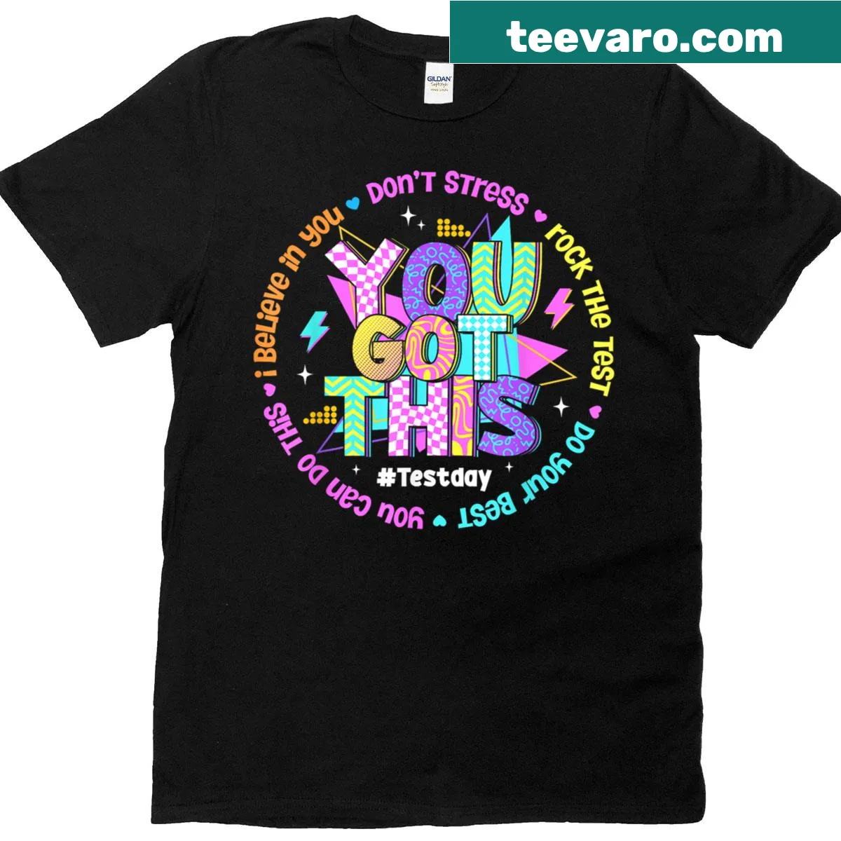 Motivational teacher T-shirt for test days with uplifting text — on a men's t-shirt