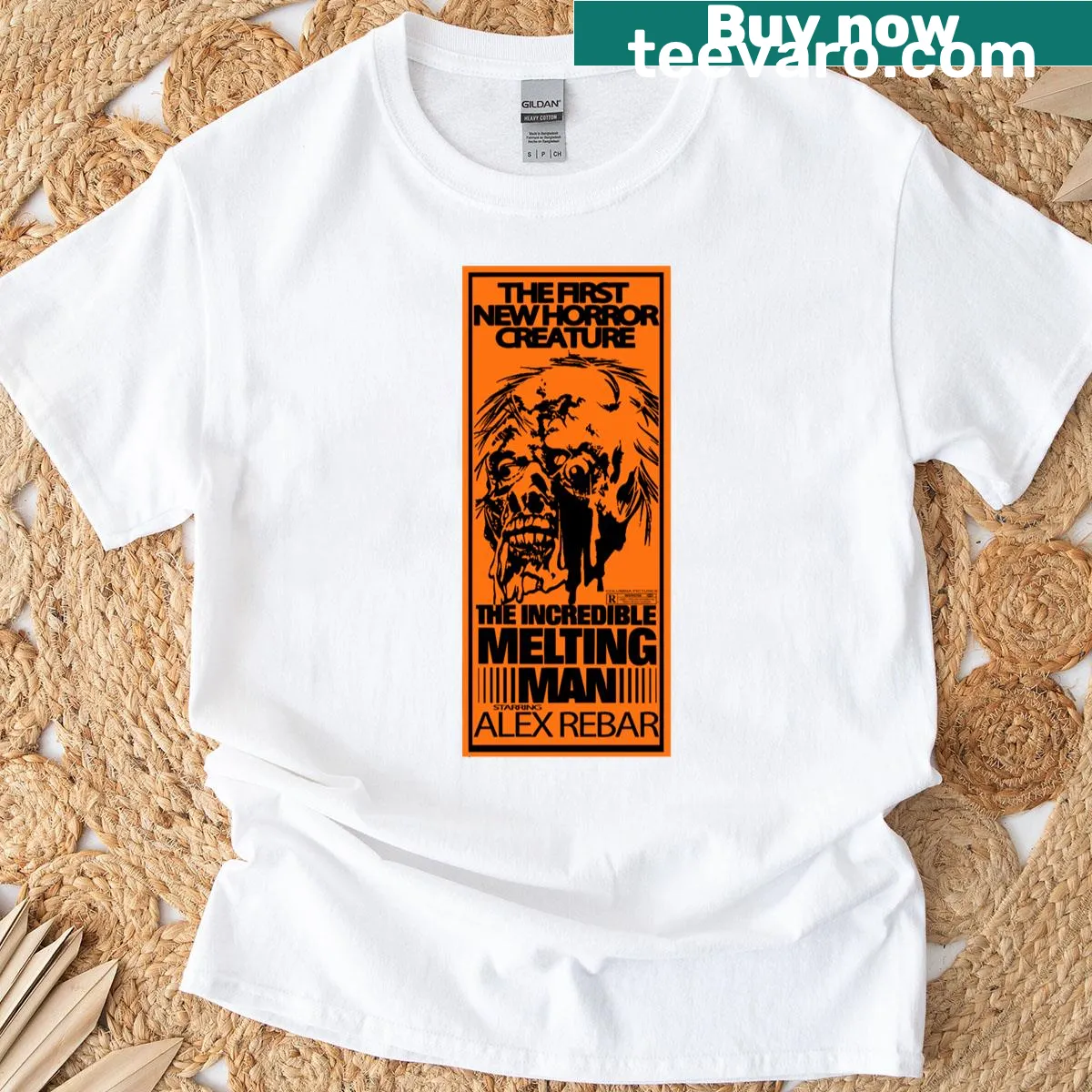 Humorous graphic of 'The Incredible Melting Man' on a fun T-shirt — on a men's t-shirt