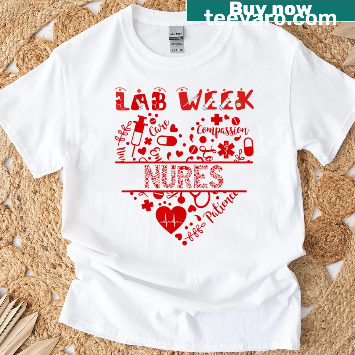 Heart design with medical laboratory symbols for Lab Week 2025. — on a men's t-shirt