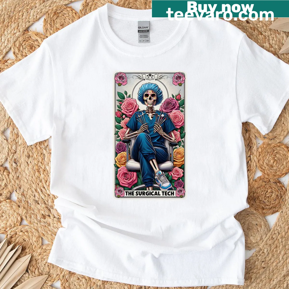 Illustrative T-shirt featuring a skeleton and rose design for surgical techs. — on a men's t-shirt