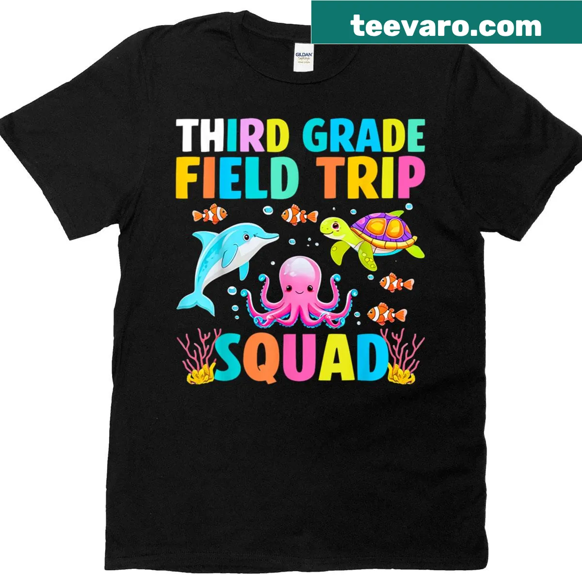 Matching aquarium-themed T-shirts for teacher and kids — on a men's t-shirt