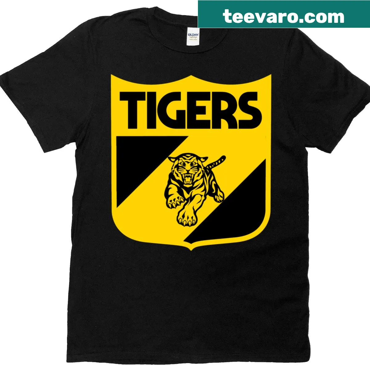 T-shirt featuring Tigers footy logo emblem — on a men's t-shirt
