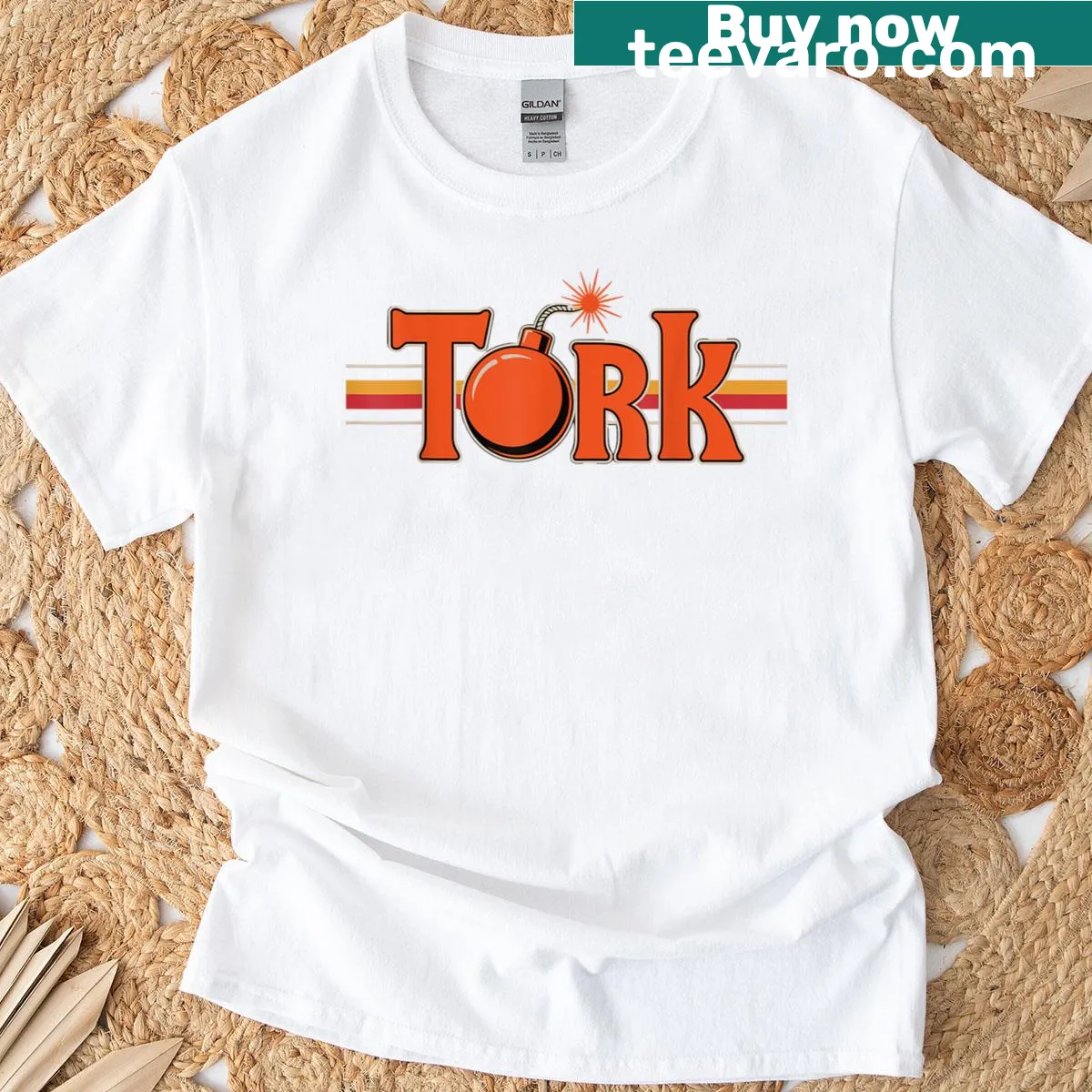 Bold Tork Bomb t-shirt with dynamic typography for creative minds — on a men's t-shirt