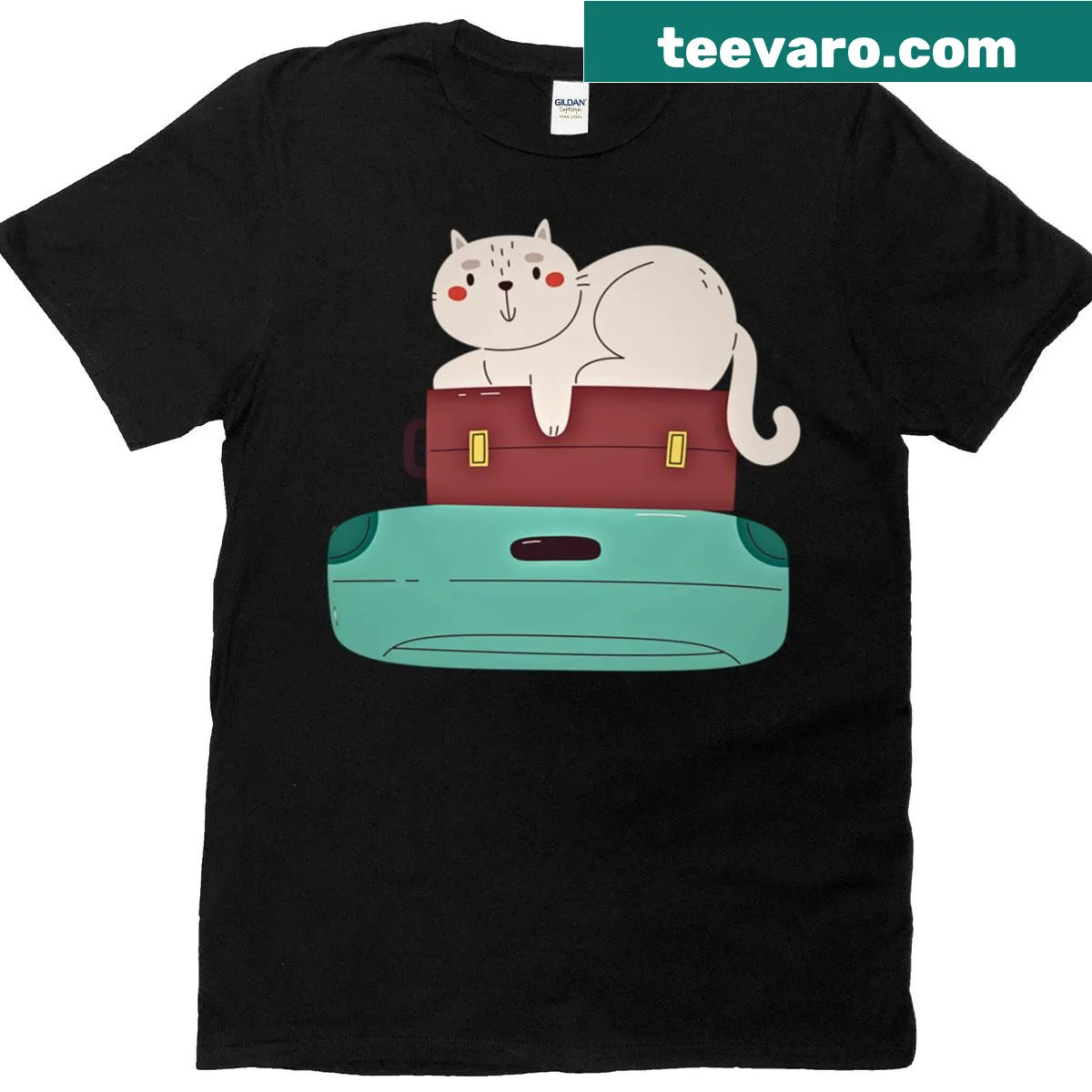 Whimsical cat illustration with a suitcase on a t-shirt — on a men's t-shirt