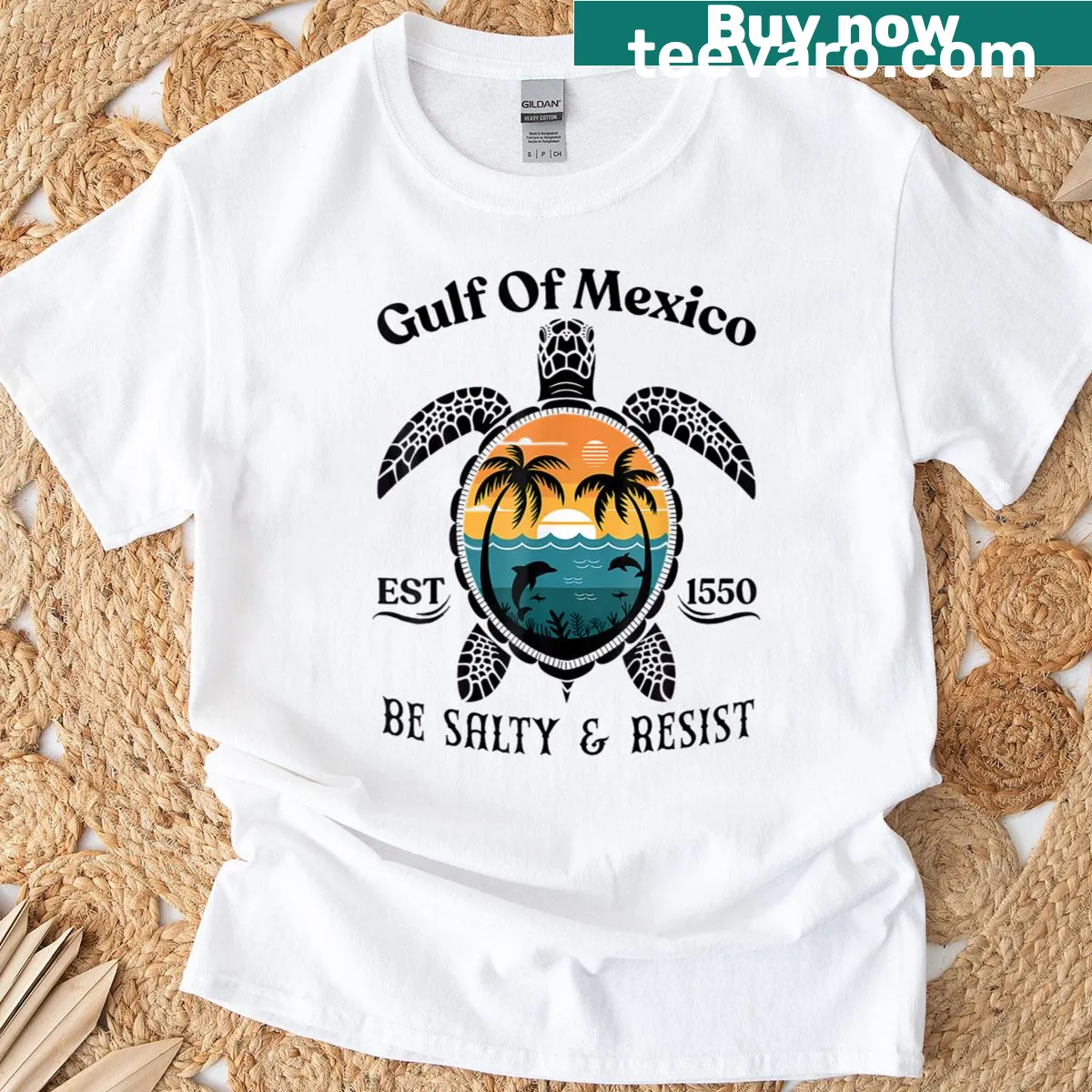 Playful turtle graphic T-shirt with 'Be Salty And Resist' text — on a men's t-shirt