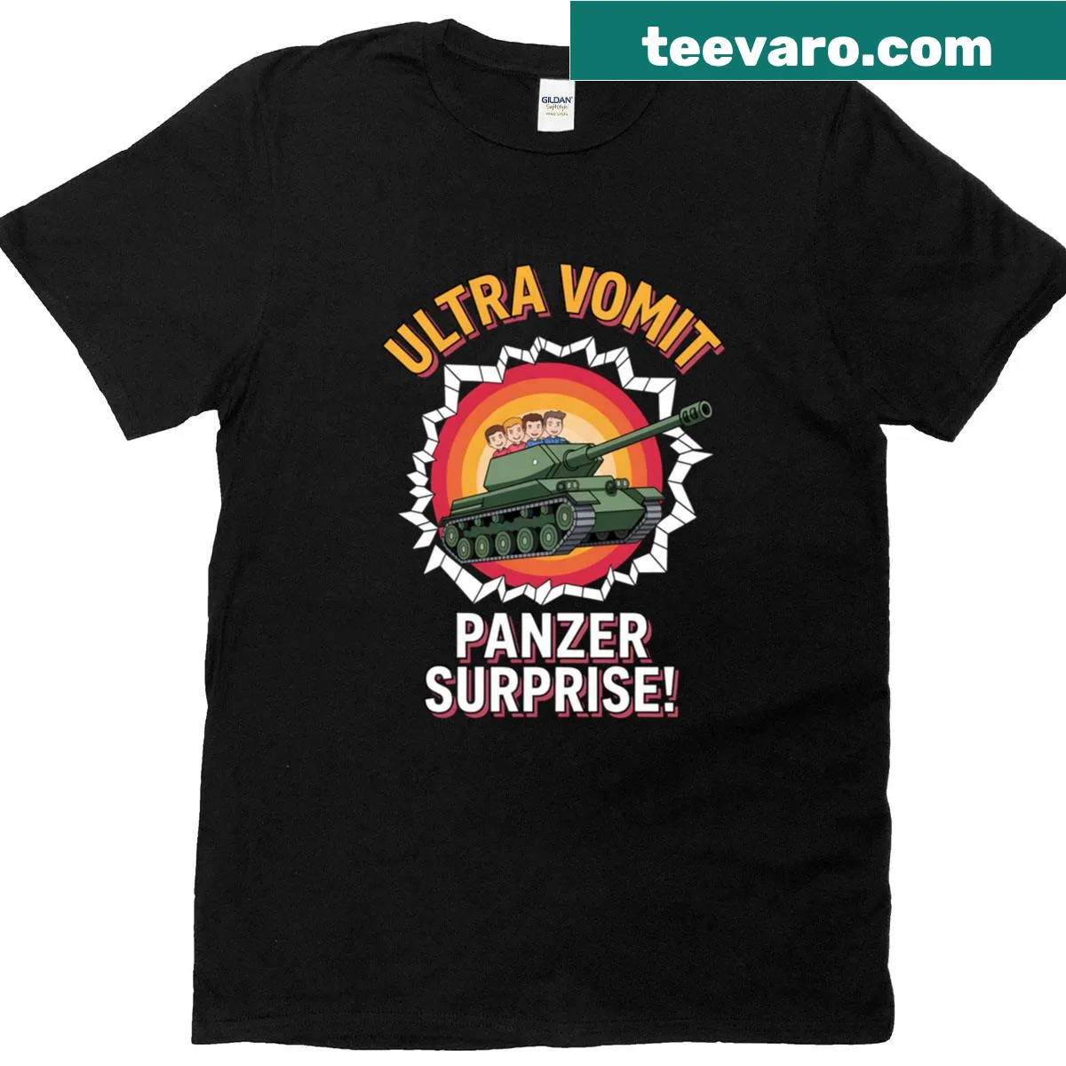 Vintage-style t-shirt featuring Ultra Vomit Panzer Surprise album art — on a men's t-shirt