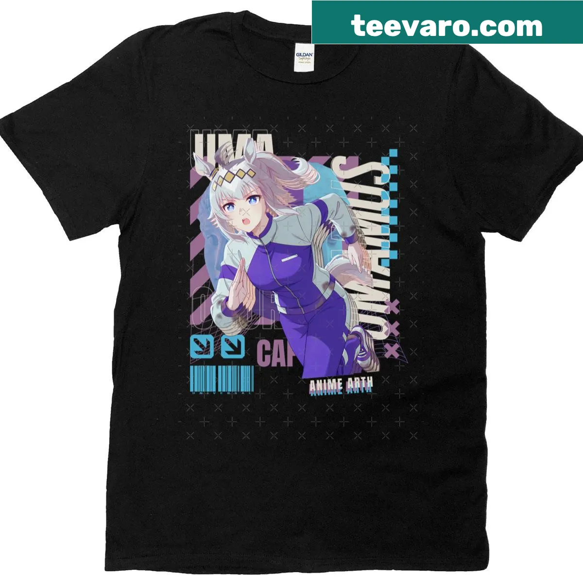 Umamusume character design t-shirt featuring Cinderella Grayanime Arth — on a men's t-shirt