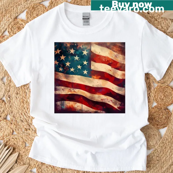 Stylized USA flag art graphic on a t-shirt.
