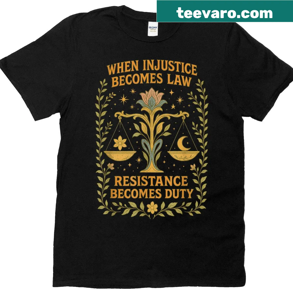 Floral typography T-shirt with RBG quote about injustice — on a men's t-shirt