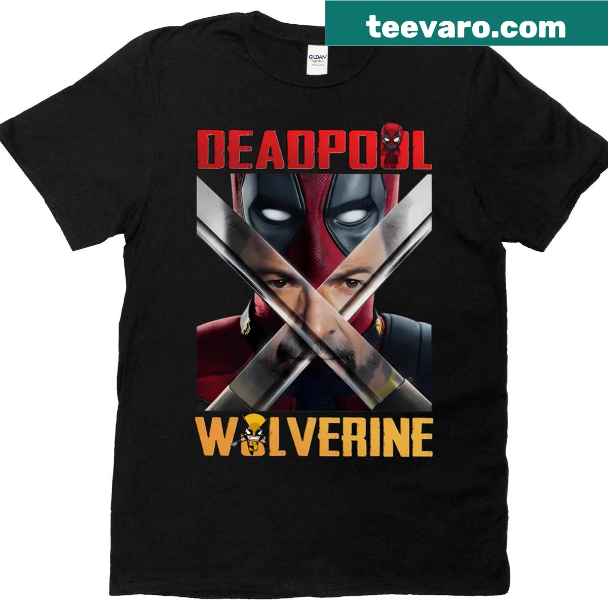 Cartoon-style t-shirt featuring a wacky mashup of Deadpool and Wolverine — on a men's t-shirt