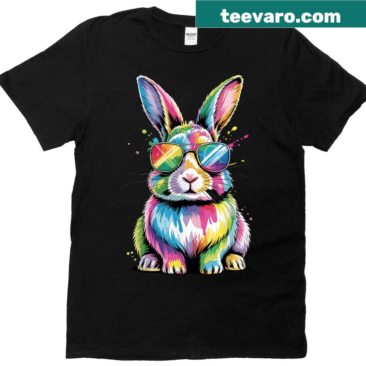Cute bunny face t-shirt for Easter featuring sunglasses in watercolor style — on a men's t-shirt
