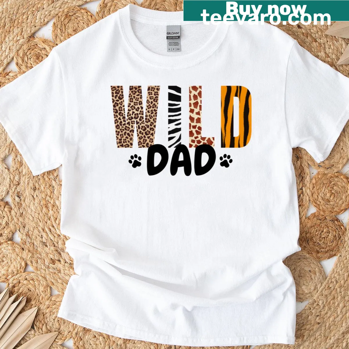 Jungle safari themed t-shirt for Wild One Dad with animal prints — on a men's t-shirt