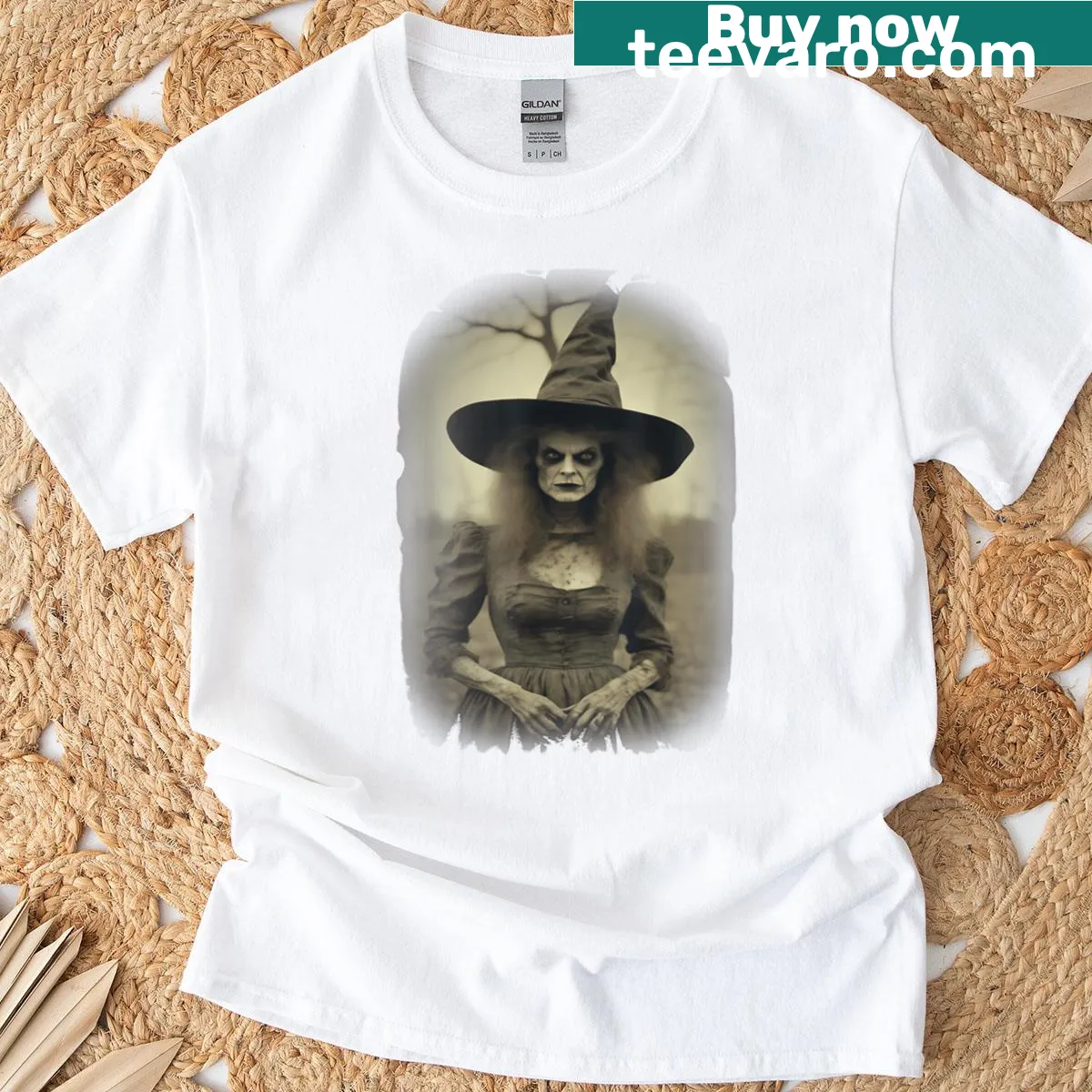 Gothic Halloween t-shirt with witch and horror elements — on a men's t-shirt