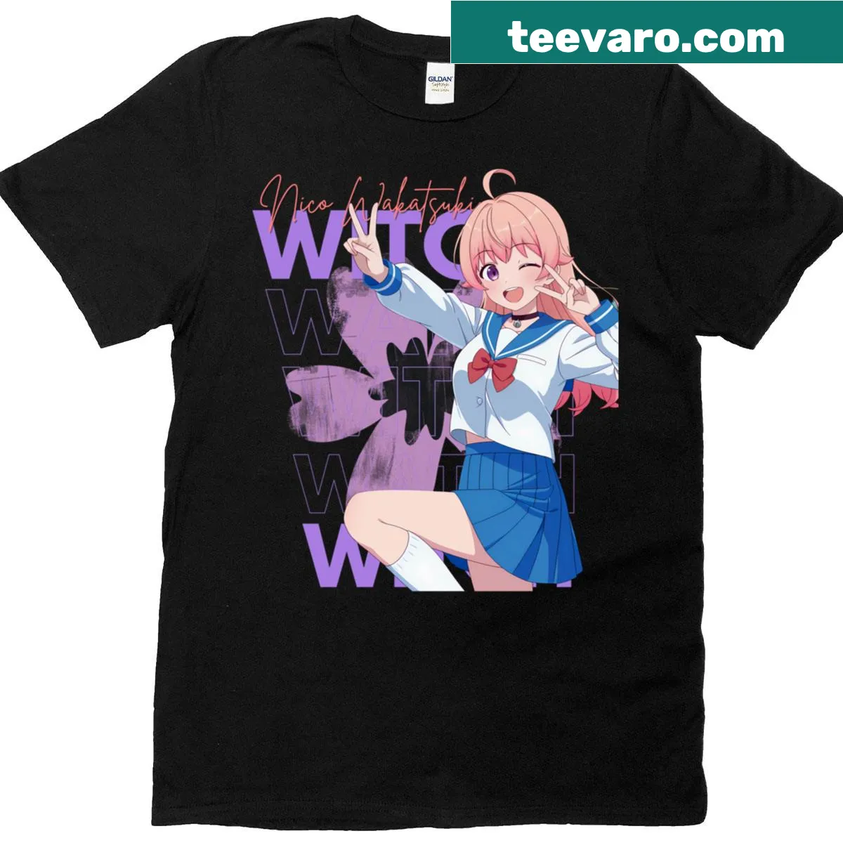 Anime-style witch graphic T-shirt featuring playful design elements. — on a men's t-shirt
