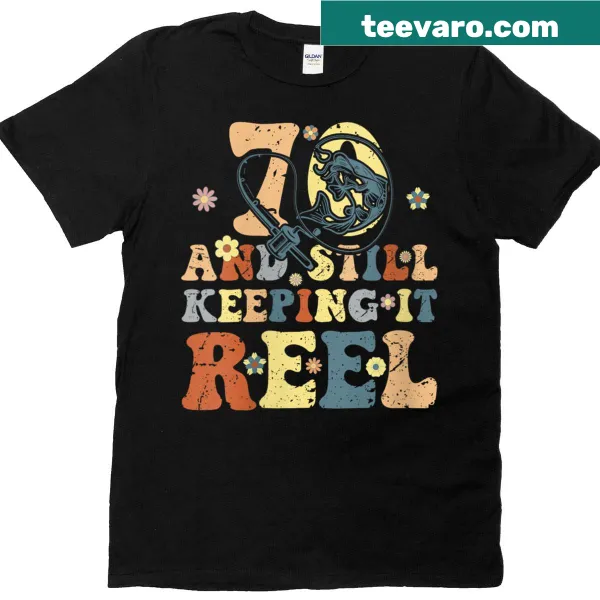 Vintage-style fishing graphic T-shirt for a 70th birthday celebration.