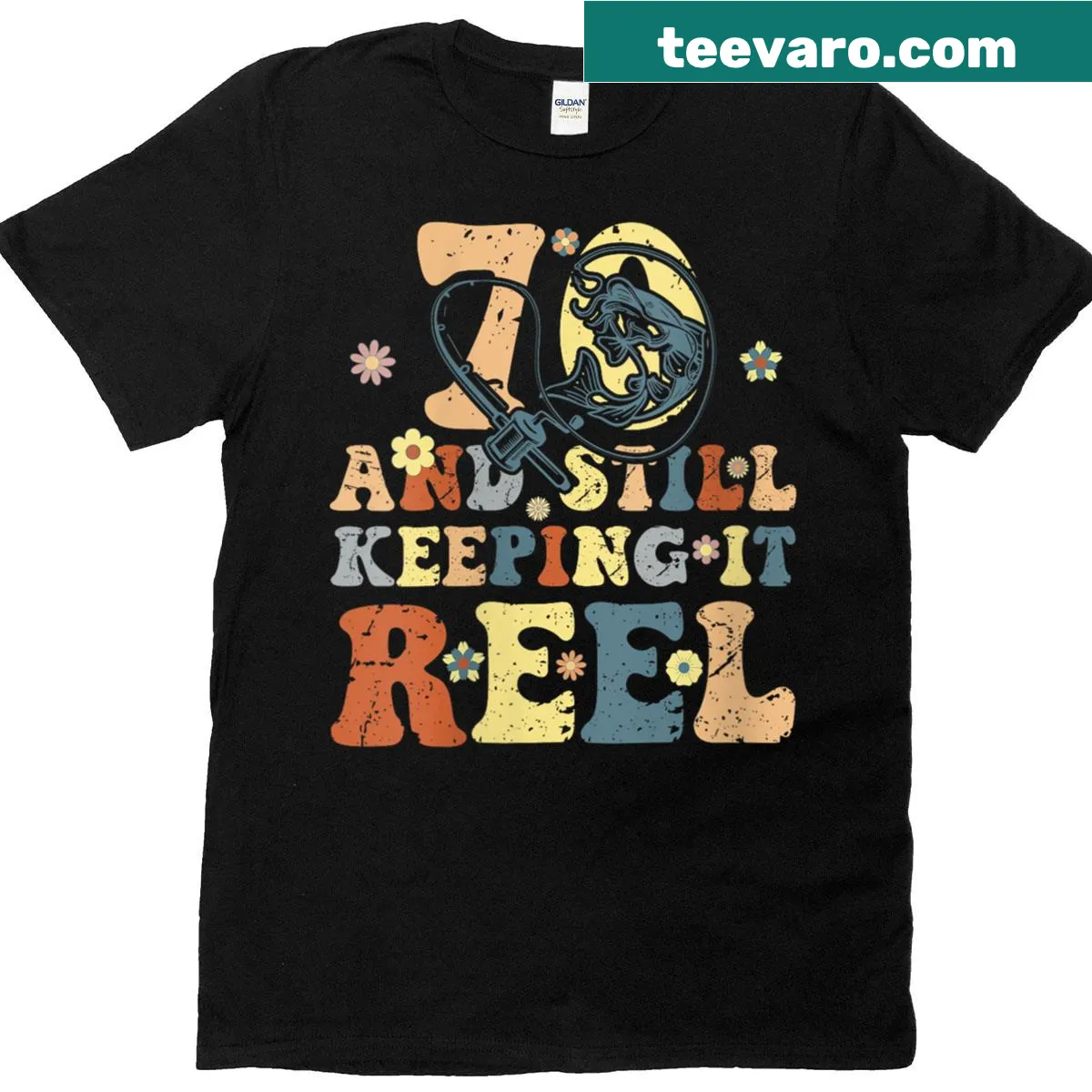 Vintage-style fishing graphic T-shirt for a 70th birthday celebration. — on a men's t-shirt