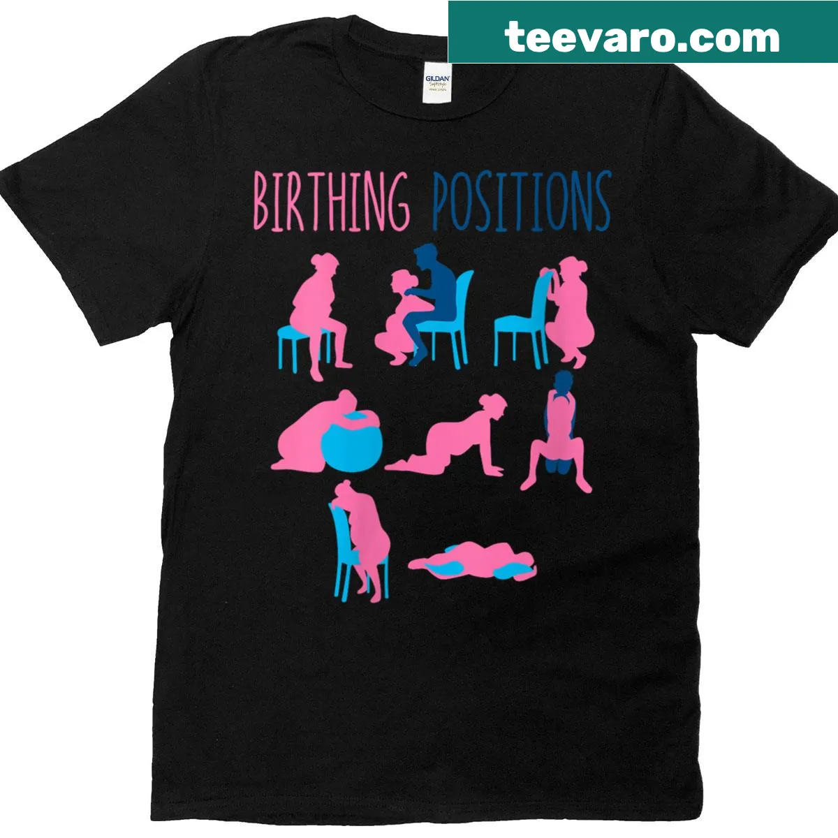 Text-focused shirt highlighting birthing positions for nurses and doulas — on a men's t-shirt