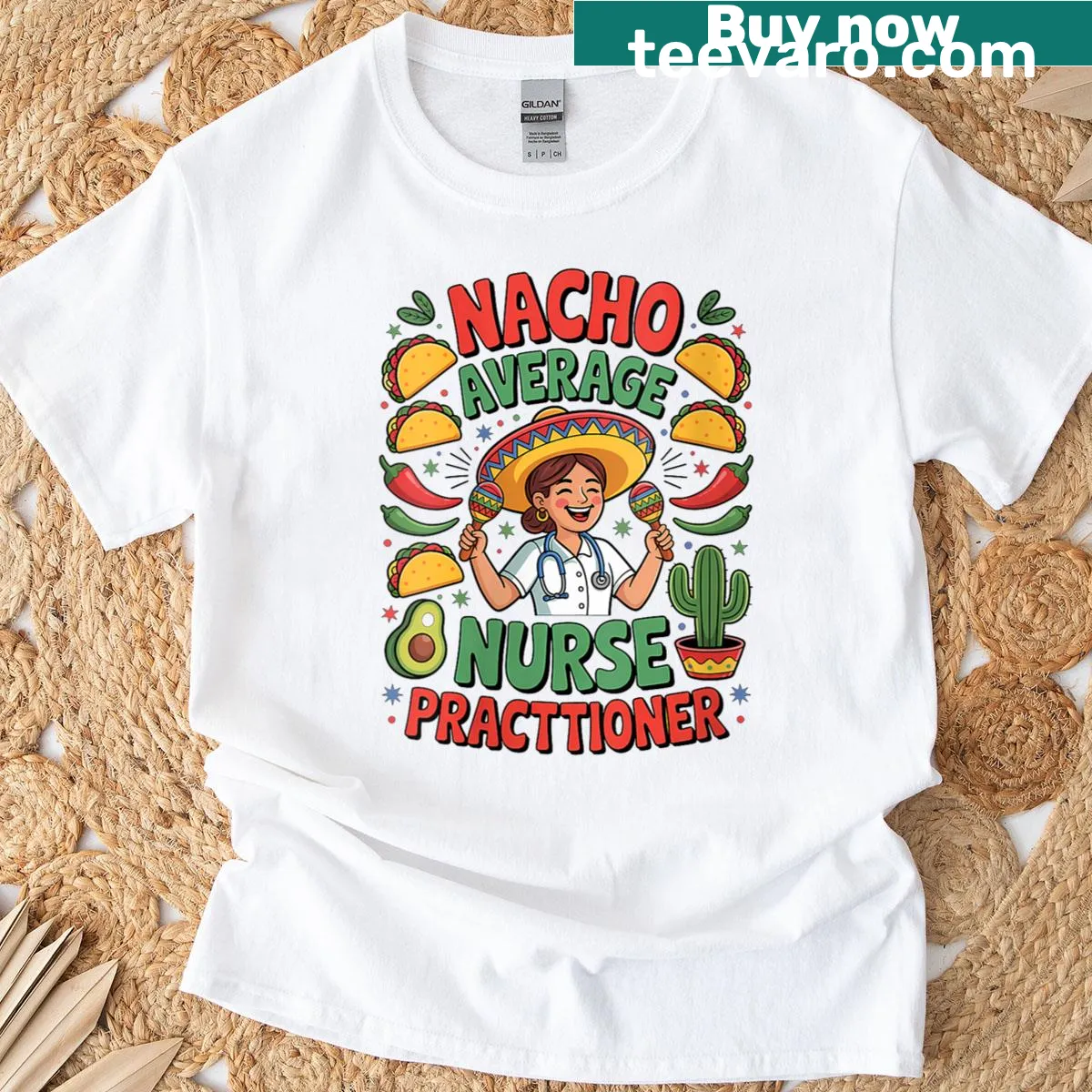 Typographic T-shirt with 'Nacho Average Practitioner' text — on a men's t-shirt