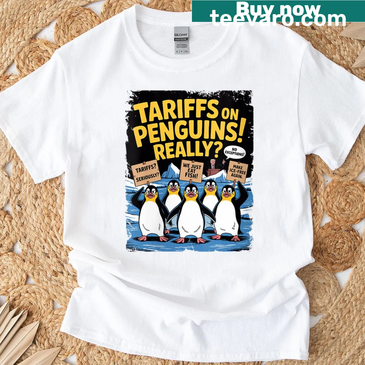 Funny t-shirt with penguins humorously protesting tariffs — on a men's t-shirt