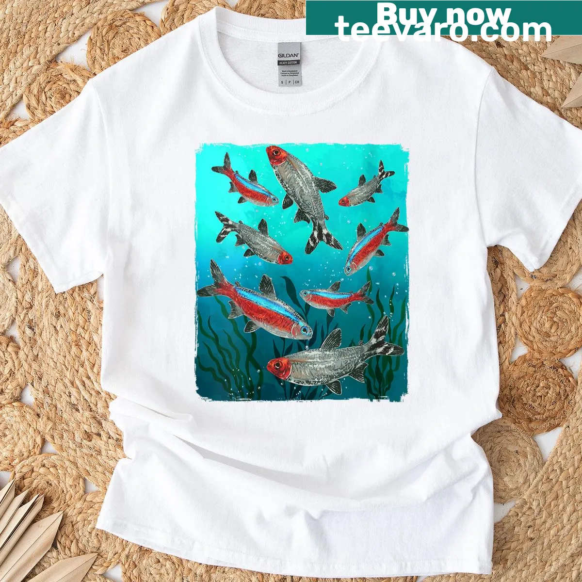 Illustrated T-shirt featuring a freshwater tetra for fish lovers — on a men's t-shirt