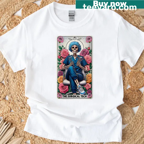 Illustrative T-shirt featuring a skeleton and roses in a tarot card style