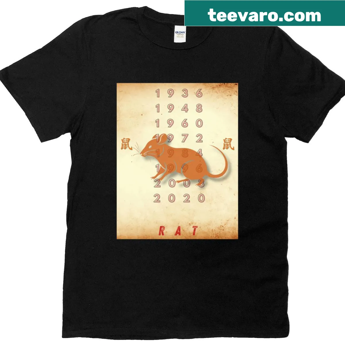 Cartoon T-shirt celebrating the Year of the Rat with playful design — on a men's t-shirt