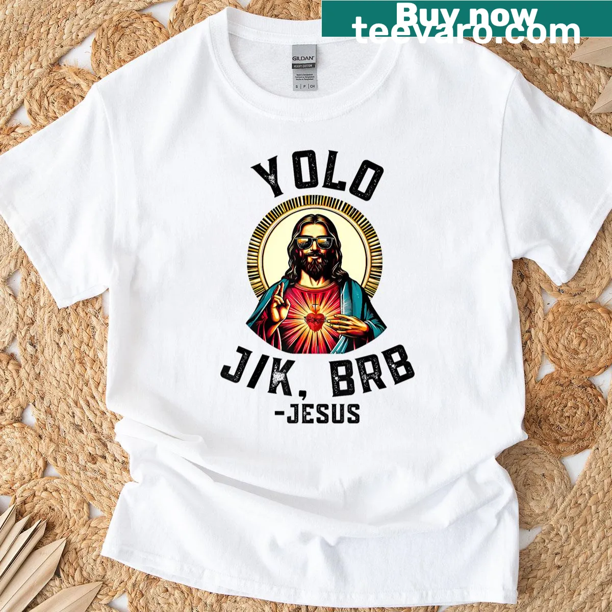 Funny Easter T-shirt with playful religious phrase — on a men's t-shirt