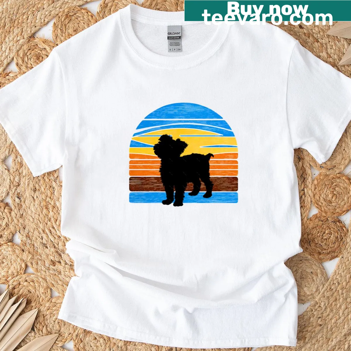 Vintage silhouette of a Yorkshire Terrier against a sunset — on a men's t-shirt