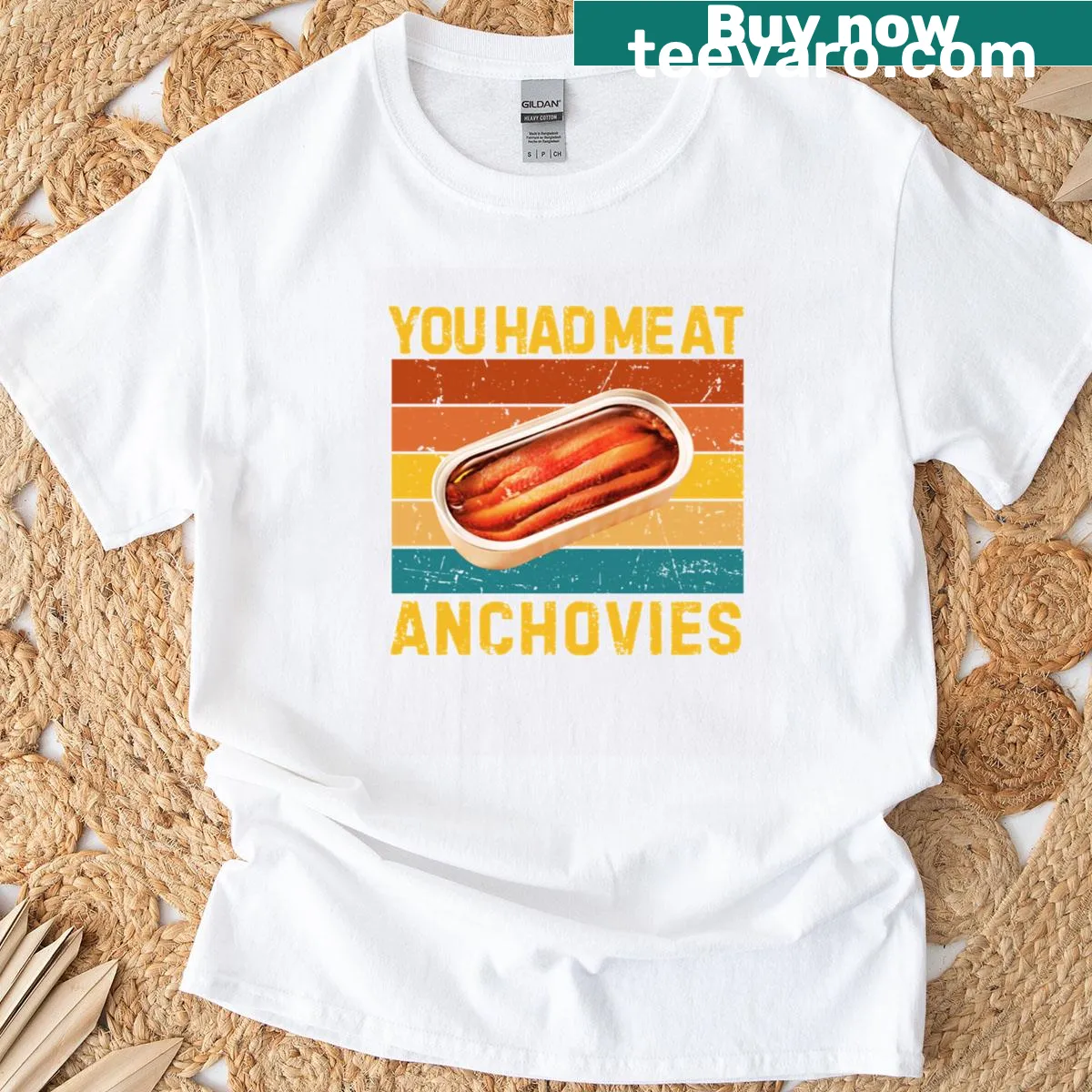 Funny vintage food T-shirt with 'You Had Me At Anchovies' text — on a men's t-shirt