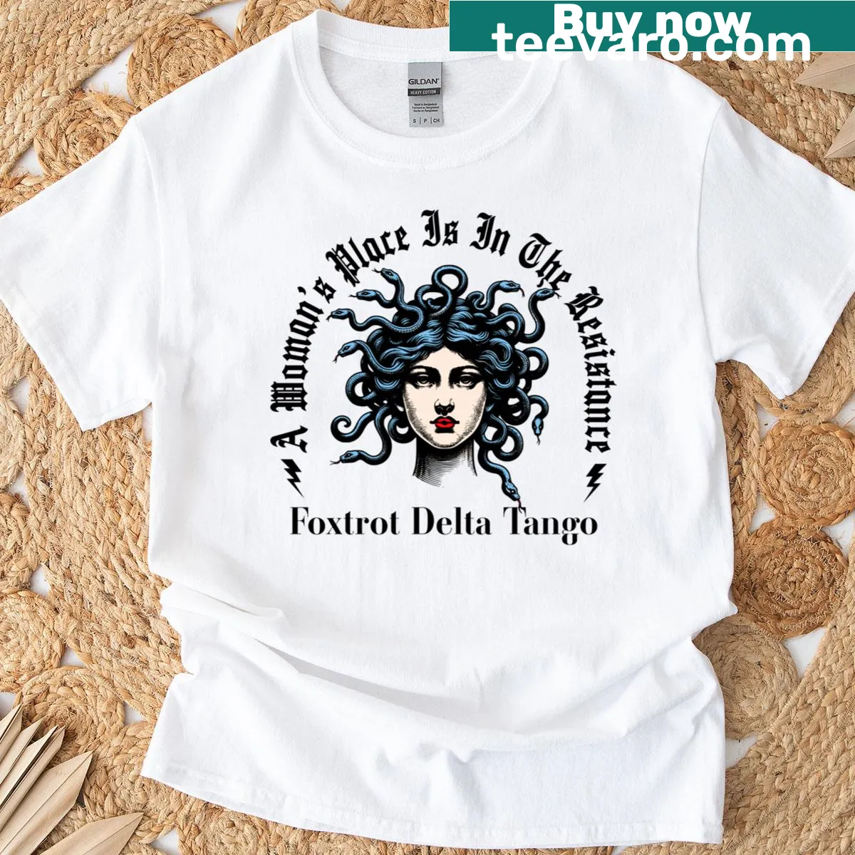 Feminist T-shirt with the phrase 'A Woman's Place Is In The Resistance' — on a men's t-shirt