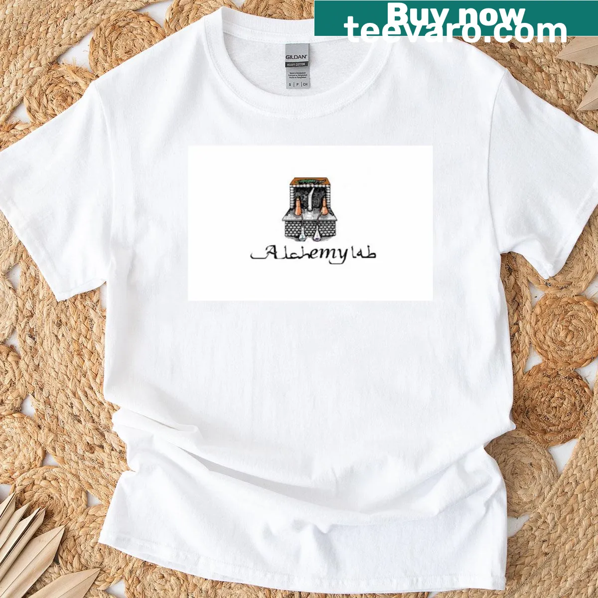 Alchemy lab themed design on a t-shirt — on a men's t-shirt