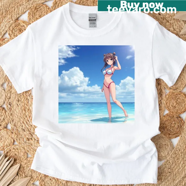 T-shirt with anime girl in a bikini surrounded by water design