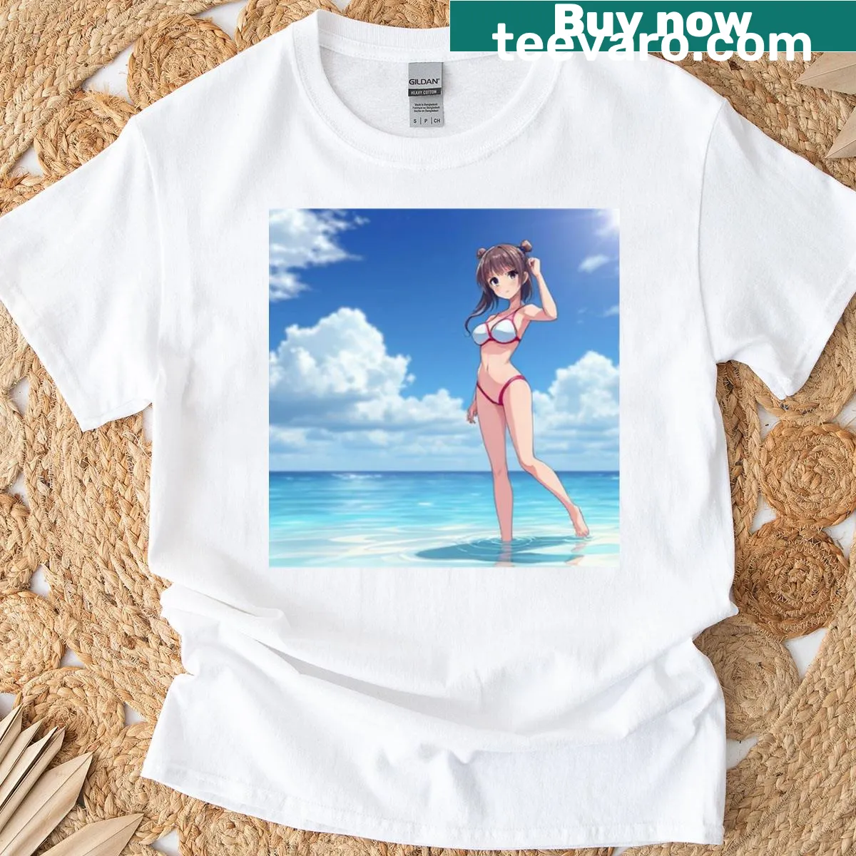 T-shirt with anime girl in a bikini surrounded by water design — on a men's t-shirt