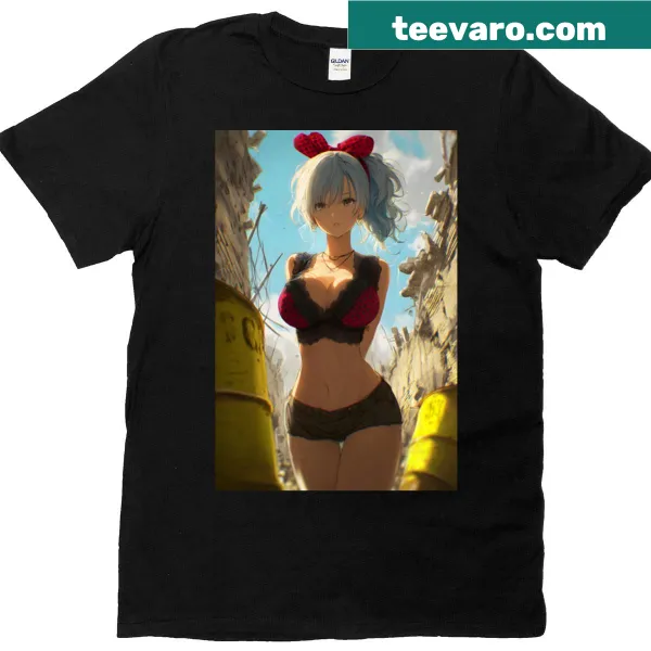 Anime girl in a post-apocalyptic setting illustrated on a T-shirt