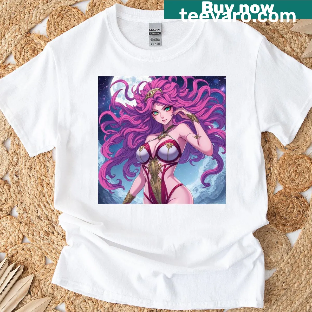 Anime woman with pink hair illustrated on a t-shirt — on a men's t-shirt
