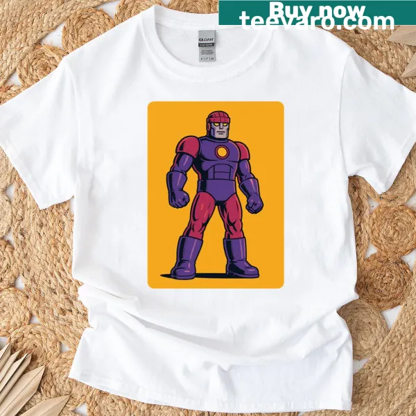 Illustration of a robot fighting against mutants on a t-shirt