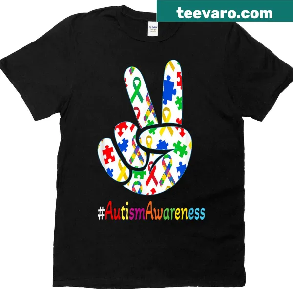 Peace hand illustration promoting autism awareness on a T-shirt