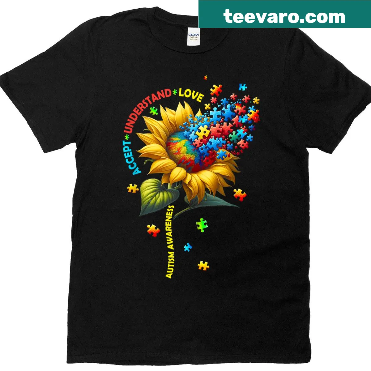 Sunflower and puzzle design promoting Autism Awareness — on a men's t-shirt