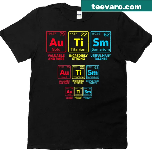 Periodic table-themed T-shirt for autism awareness, featuring 'Mom' element