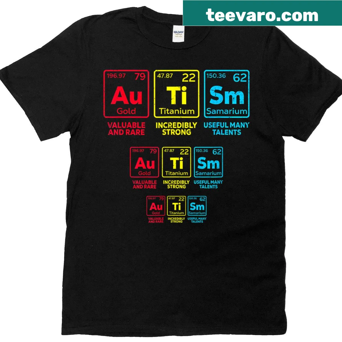 Periodic table-themed T-shirt for autism awareness, featuring 'Mom' element — on a men's t-shirt
