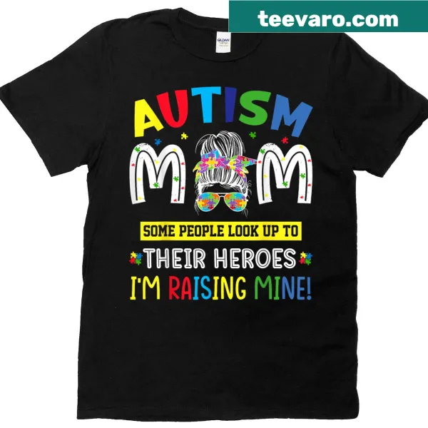Graphic tee with a messy bun illustration and 'Raising a Hero' text for autism moms