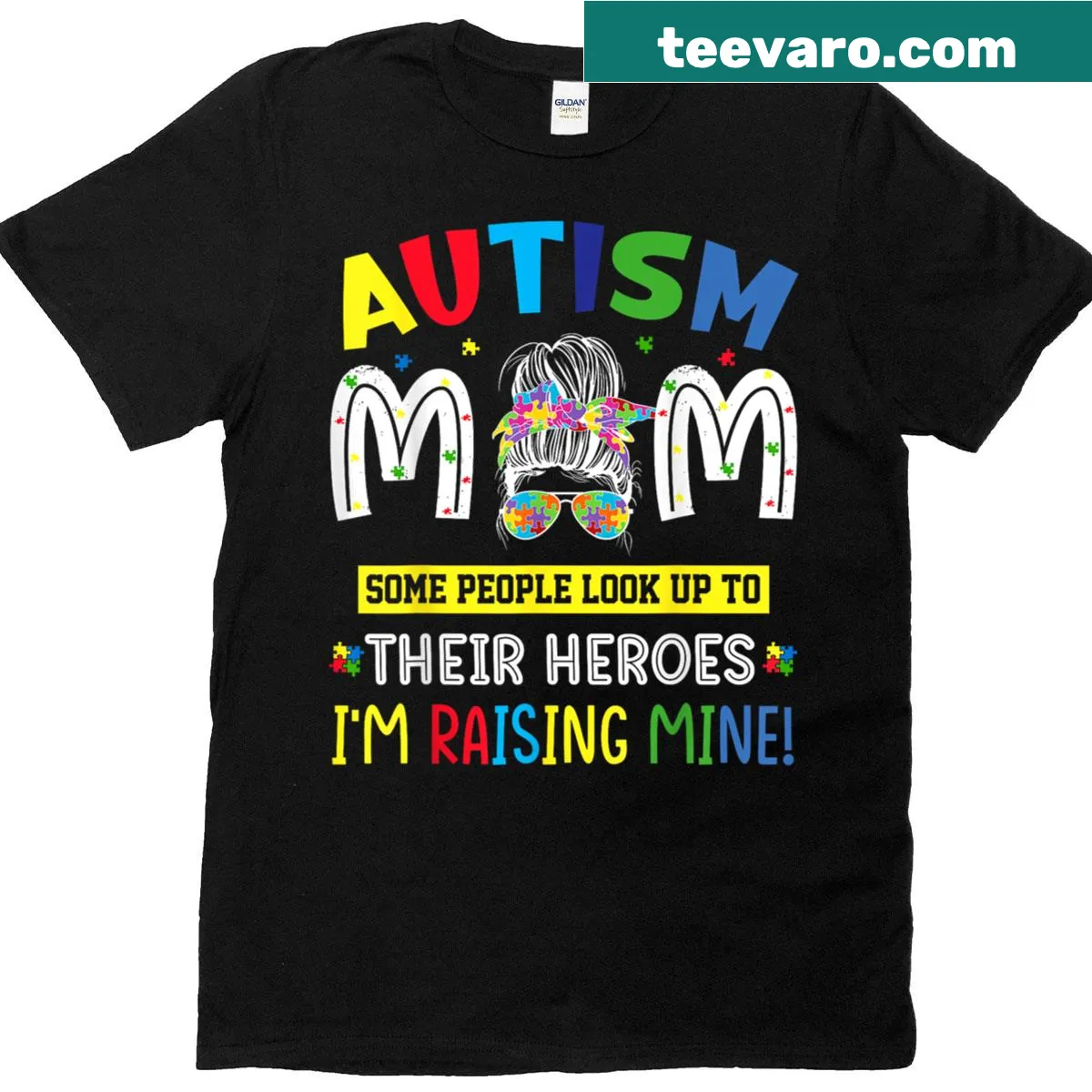 Graphic tee with a messy bun illustration and 'Raising a Hero' text for autism moms — on a men's t-shirt