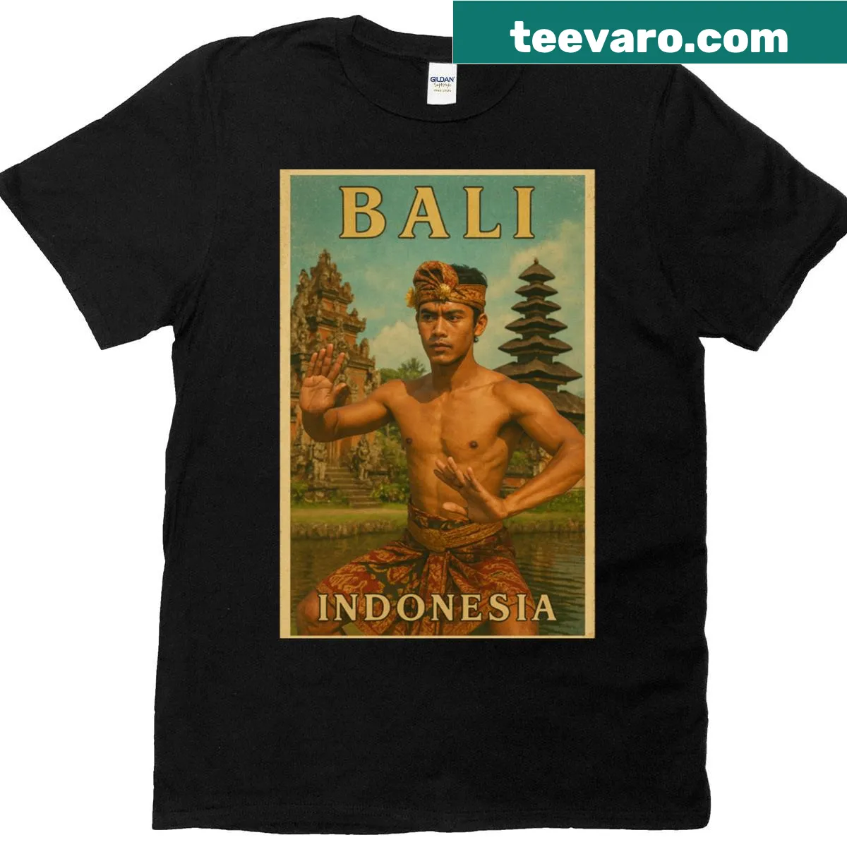 Illustration of a Balinese man dancing in front of a temple — on a men's t-shirt