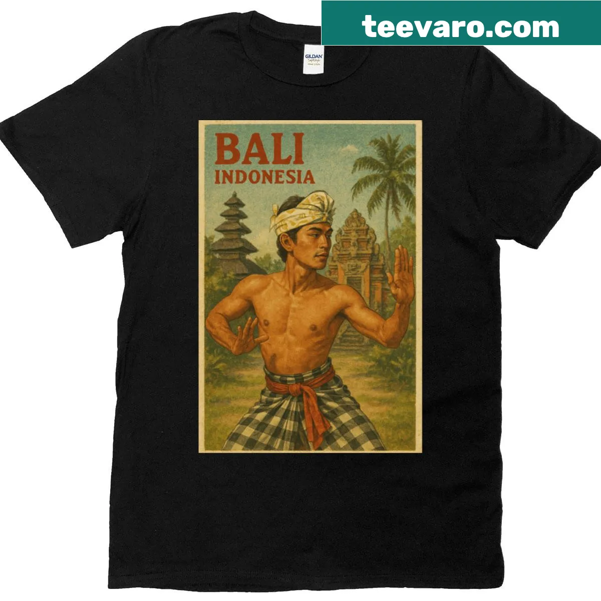 Illustrated design of a Balinese traditional temple dance — on a men's t-shirt