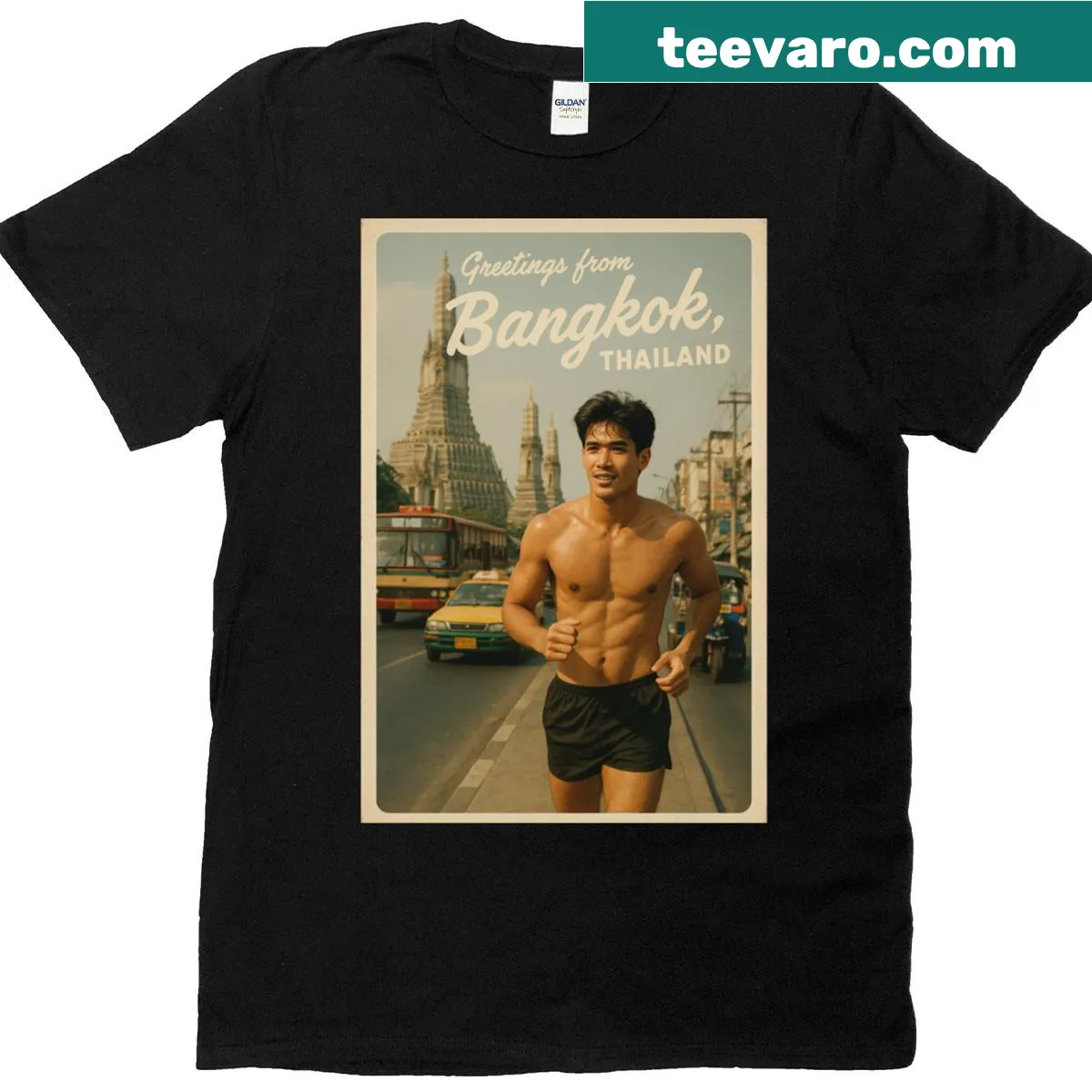 Runner in front of Wat Arun in bustling Bangkok — on a men's t-shirt