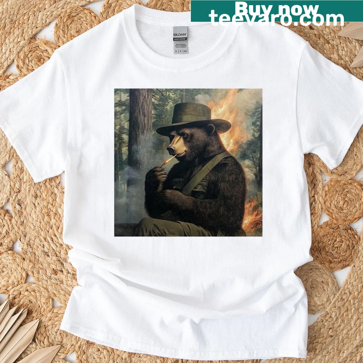 Bear smoking in a forest graphic t-shirt — on a men's t-shirt